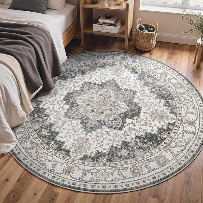 GENIMO 6FT Round Area Rugs for Living Room, Circle Rugs Machine Washable Low Pile, Chenille Non Slip Vintage Rug for Bedroom, Dining Room, Home Office, Heathered Grey