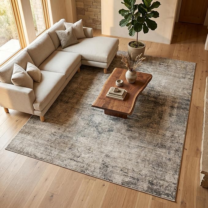 Washable Area Rug 8x10 for Living Room - Ultra-Soft Vintage Distressed Farmhouse Rug, Neutral Taupe Brown Foldable Large Carpet with Non-Slip Backing for Bedroom & Cozy Rustic Decor