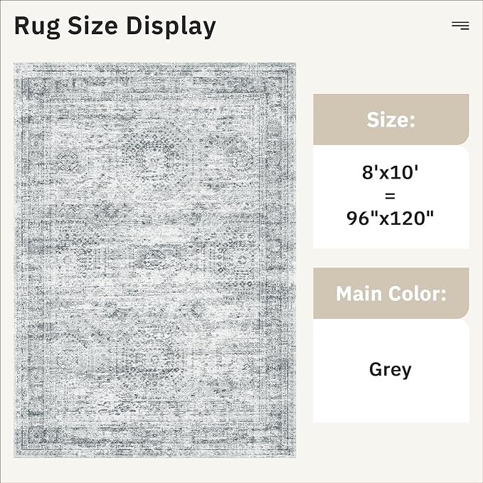 Soalmost Washable Area Rug 8x10, Large Soft Rugs for Living Room Farmhouse Vintage Gray Area Rugs for Bedroom Dining Room Non-Slip Stain Resistant Under Table Rug Grey