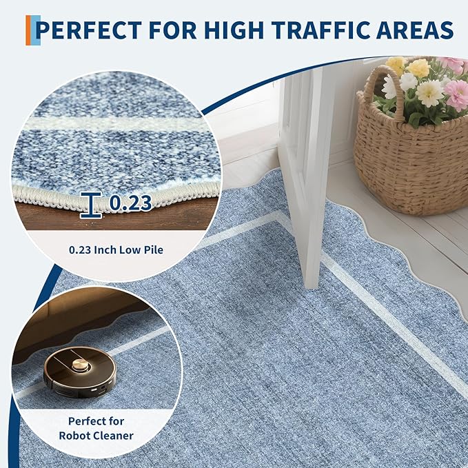 GarveeHome Scalloped Door Mat Indoor Entrance 2x3 Rug Machine Washable Boho Solid Small Area Rug Non-Slip Low Pile Throw Rugs for Entryway Kitchen Front Door Indoor Entrance Entry Kids Room, Blue