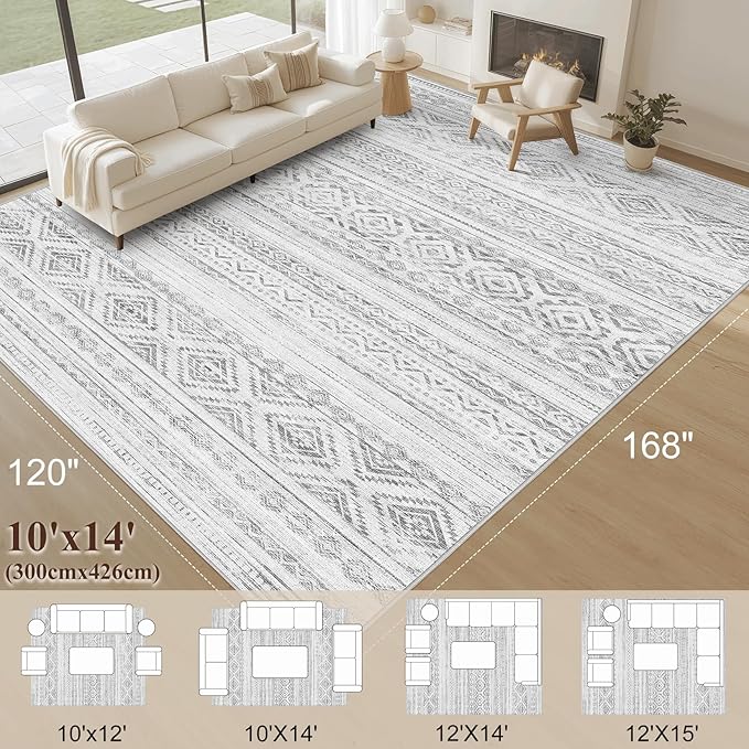 cotiled 10x14 Area Rug Living Room: Washable Boho Rugs with Non Slip Backing Large Soft Indoor Stain Resistant Carpet for Bedroom Farmhouse Dining Room Lightweight Home Decor Light Grey
