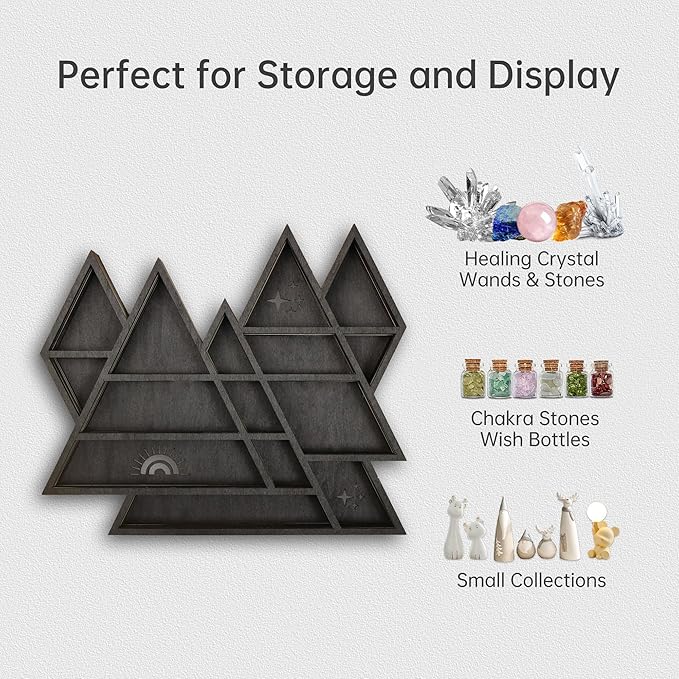 Triangle Mountain Crystal Shelf Display for Wall, Rock Gem Healing Stone Collections Display Shelf, Crystal Holder Trinket Organizer Knick Knack Shelf, Witchy Decor Gift for Women - 2025 UPGRADED