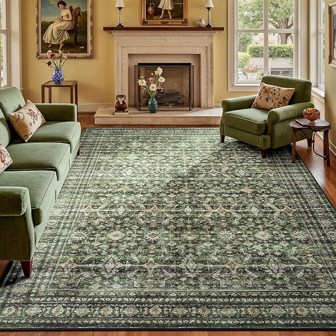 Lofus 7x10 Area Rug for Living Room,Green Washable Area Rugs with Non-Slip Backing,Soft Boho Carpets for Bedroom Dining Room Home Office Indoor Nursery