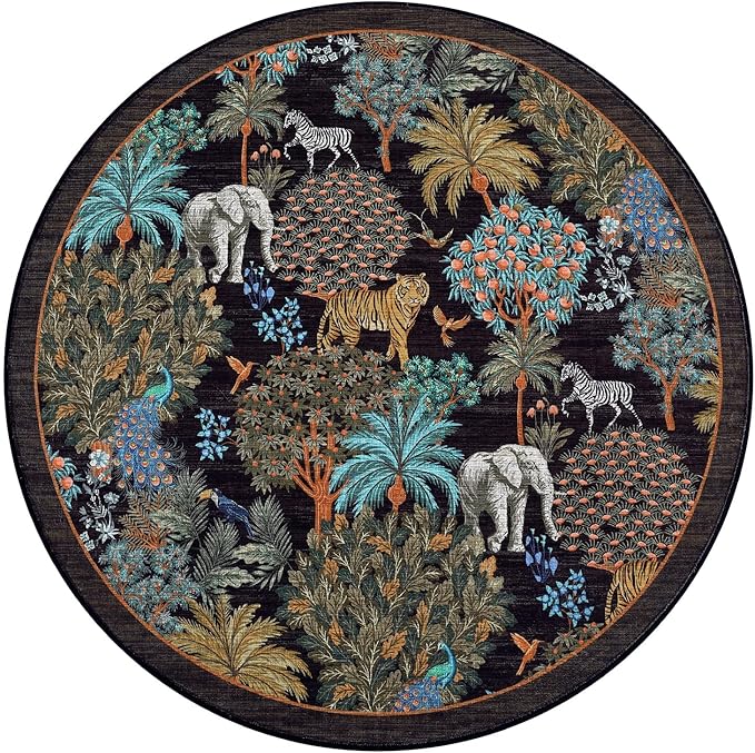 GarveeHome Jungle Round Washable Rugs 4ft Non-Slip Soft Round Rug for Kids Room, Forest Animal Print Tiger Circle Carpet for Bedroom Entryway Playroom Nursery, Black