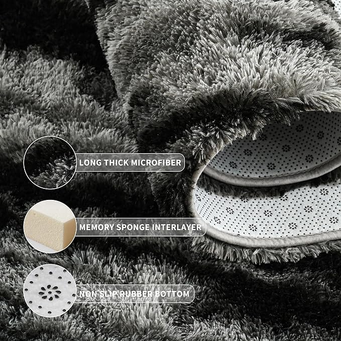 Tepook Fluffy Large Rugs for Living Room, 8x10 Area Rugs for Bedroom, Modern Shag Fuzzy Carpets for Kids Boys Girls, Plush Indoor Nursery Home Decor Rug with Non-Slip Bottom, Black Grey