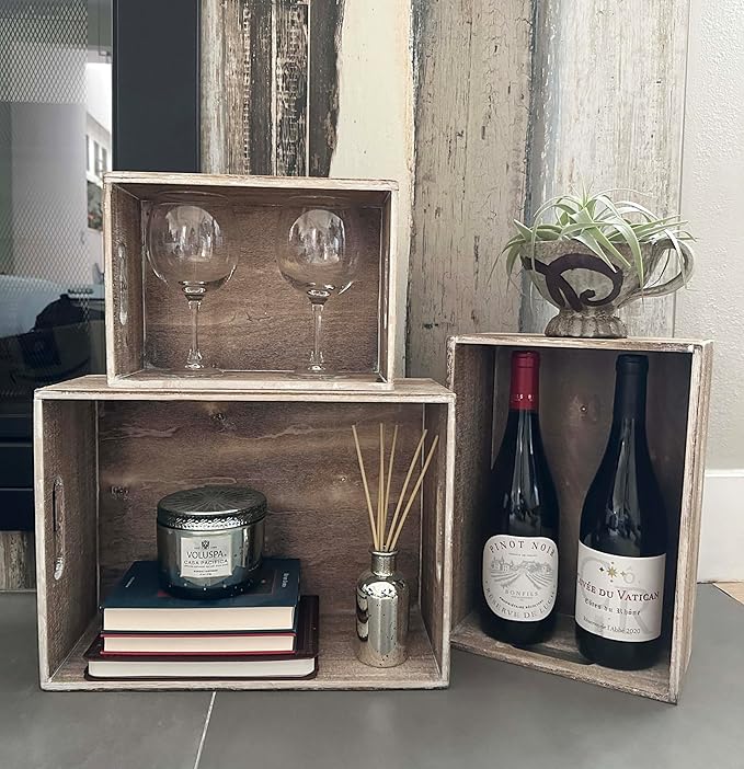 Admired By Nature Wooden Crates Storage Container, Set of 3 Farmhouse Style Decorative Baskets for Home Decor, Rustic Decor, Nesting Stackable Organizers, Distressed Wood Crates, Barn Door Light Brown