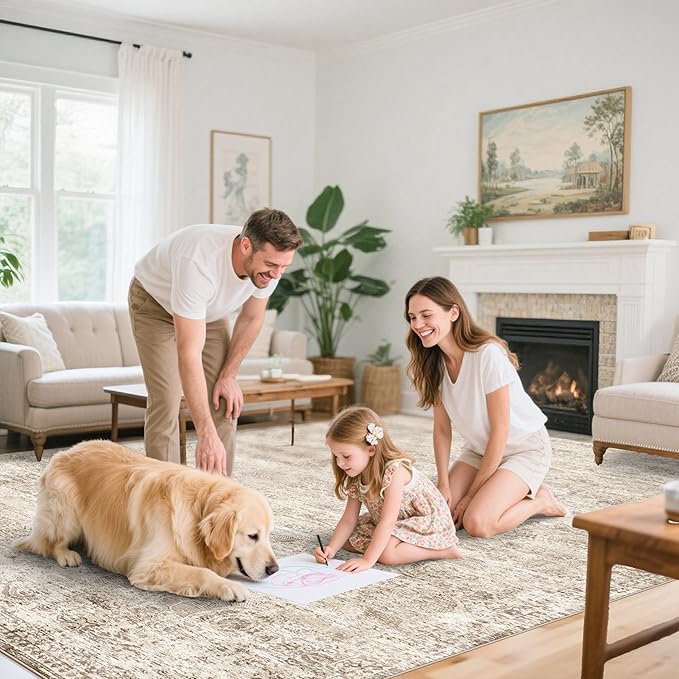 TOPRUUG Washable 12x15 Area Rug - Extra Large Rugs for Living Room Soft Low Pile Carpet for Bedroom Non-Slip Stain Resistant Vintage Indoor Floor Carpets (Beige Brown, 12x15)