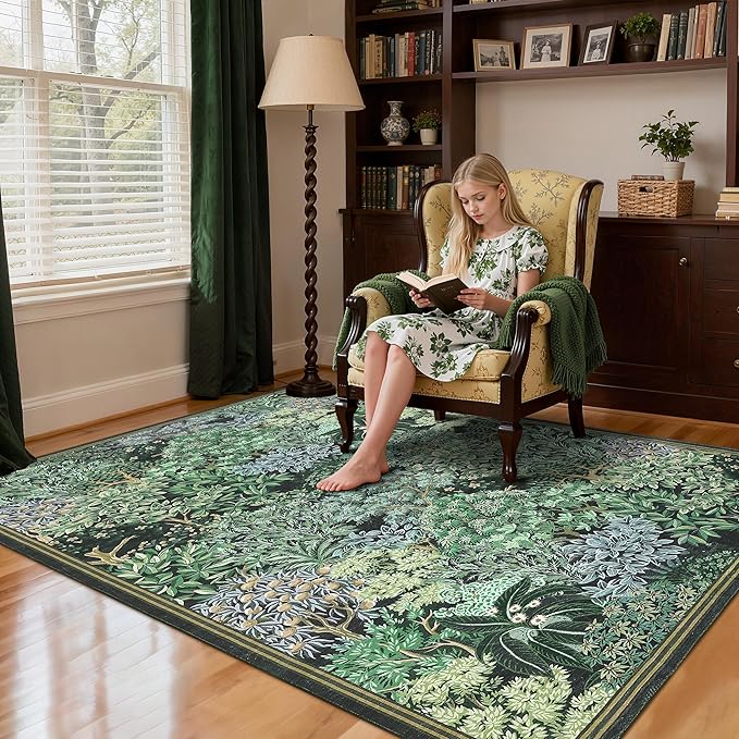 GarveeHome Forest Rug 9x12 Washable Area Rugs for Living Room, Botanical Low Pile Non Slip Stain Resistance Large Woodland Carpet for Office Dining Room Bedroom Farmhouse, Blue Green