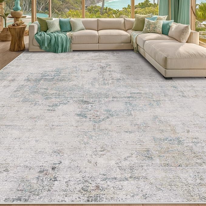 Hazo Haus Light Blue Area Rugs 8x12 for Living Room - Abstract Medallion Blue Gray Rug for Bedroom, Dining Room Under Table, Washable Non Slip, Fade & Stain Resistance