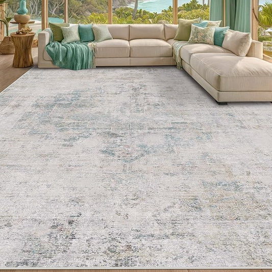 Hazo Haus Light Blue Area Rugs 8x12 for Living Room - Abstract Medallion Blue Gray Rug for Bedroom, Dining Room Under Table, Washable Non Slip, Fade & Stain Resistance