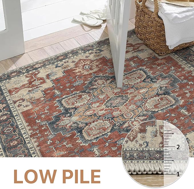 GENIMO 5FT Round Area Rugs for Living Room, Circle Rugs Machine Washable Low Pile, Chenille Non Slip Vintage Rug for Bedroom, Dining Room, Home Office, Bordeaux