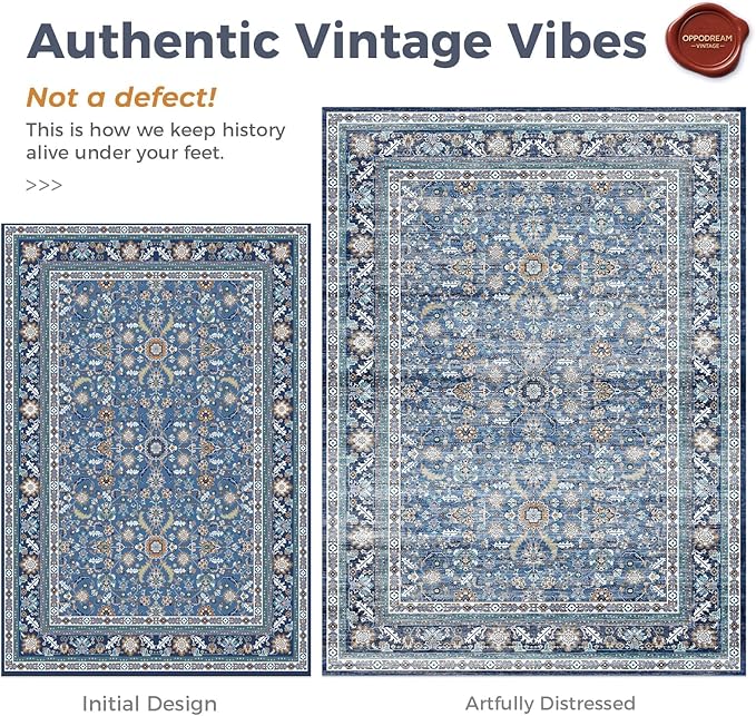 OPPODREAM Vintage Blue Round Rug 8ft, 8 ft Retro Washable Circle Rug Non Slip, Low-Pile Faux Wool Circular Carpet, Distressed Navy Floor Mat for Living Room, Bedroom, Office, Dorm, Dinning Room
