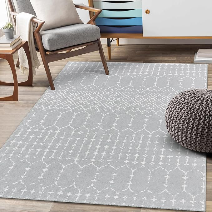 Lahome Moroccan Washable Living Room Area Rug 3x5 Small Rugs for Bedroom Throw Non-Slip Low-Pile Entryway Rug Kitchen Rugs Soft Grey Distressed Capet for Office Bathroom Laundry Room Dining Room Hana