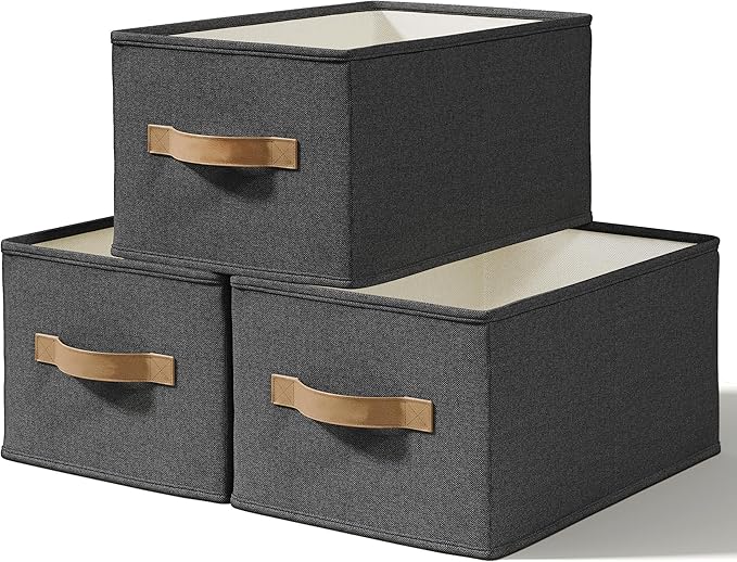 LayerSpace 3 Pack Fabric Storage Bins for Shelves | 16.25x12x10in Closet | Collapsible Bins for Organization | Linen Clothes Storage Bins | Black