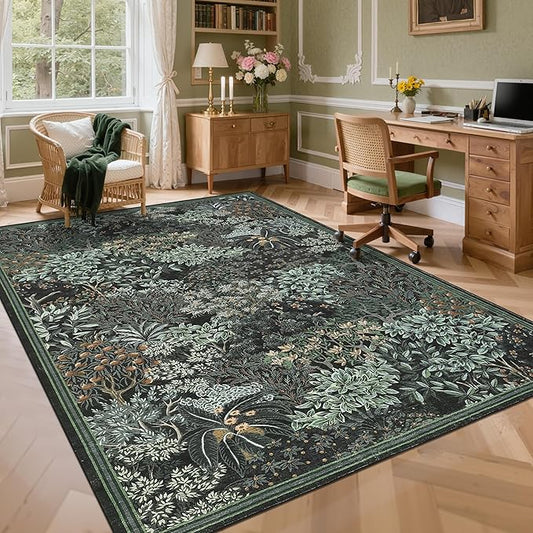 GarveeHome Forest Rug 9x12 Washable Area Rugs for Living Room, Botanical Low Pile Non Slip Stain Resistance Large Woodland Carpet for Office Dining Room Bedroom Farmhouse, Black Green