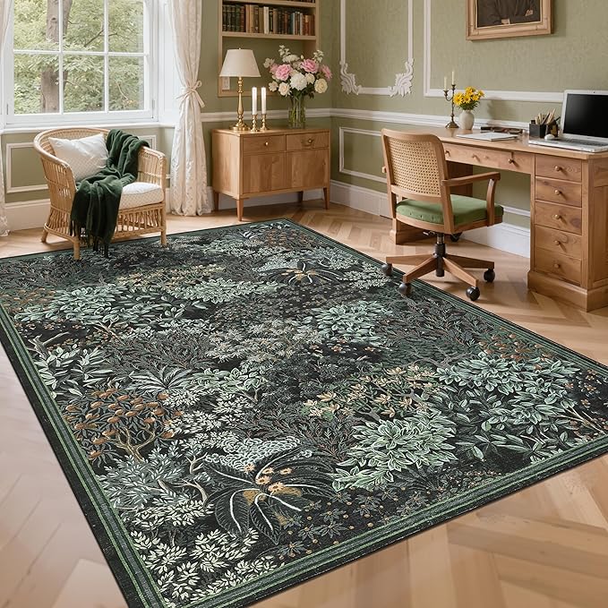 GarveeHome Forest Rugs 8x10, Black Green Washable 8x10 Area Rug for Living Room, Botanical Low Pile Non Slip Stain Resistance Large Carpet for Office Dining Room, Farmhouse