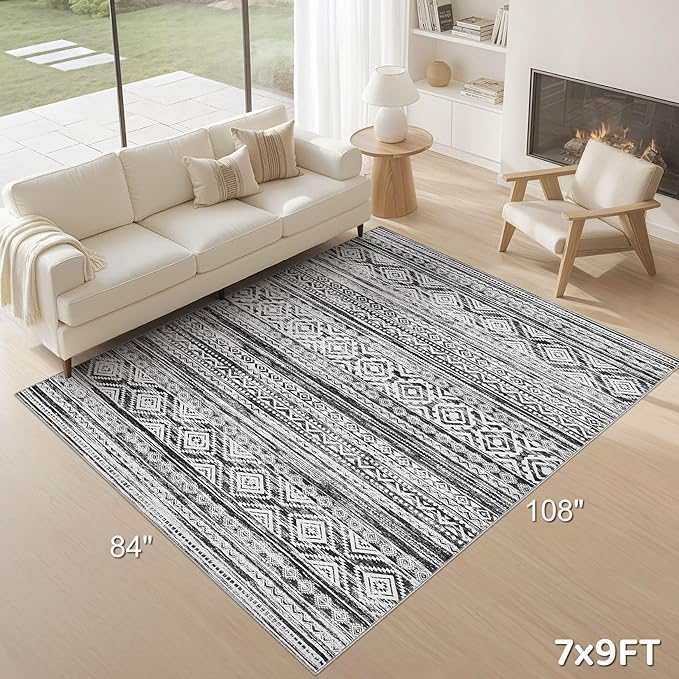 cotiled 7x9 Area Rug Living Room: Washable Boho Rugs with Non Slip Backing Large Soft Indoor Stain Resistant Carpet for Bedroom Farmhouse Dining Room Lightweight Home Decor White/Black