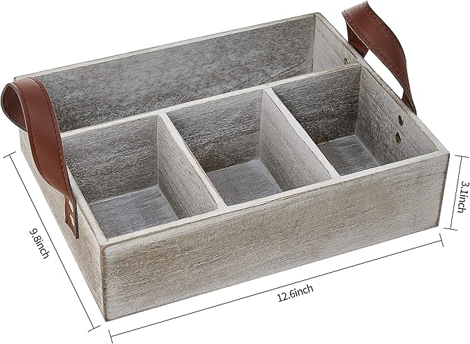 KMwares Paulownia Wooden Gray Rustic Wood Cube Storage Box with Light Brown Leather Handle, Open Top Organizer Bin Container for Kitchen, Bathroom, Office Desk, Makeup