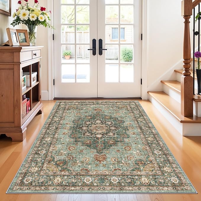 4x6 Area Rugs for Living Room: Perfect for Bedroom Kitchen Kids Room Nursery - Stain & Water Resistant Non-Slip Pet & Child Friendly Vintage Carpet (Green, 4x6)
