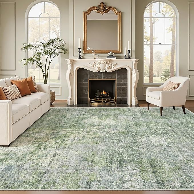 Soalmost Abstract Rug 8x10 Large Living Room Rugs Neutral Modern Washable Area Rugs for Bedroom Dining Room Non-Slip Stain Resistant Foldable Thin Rug Green