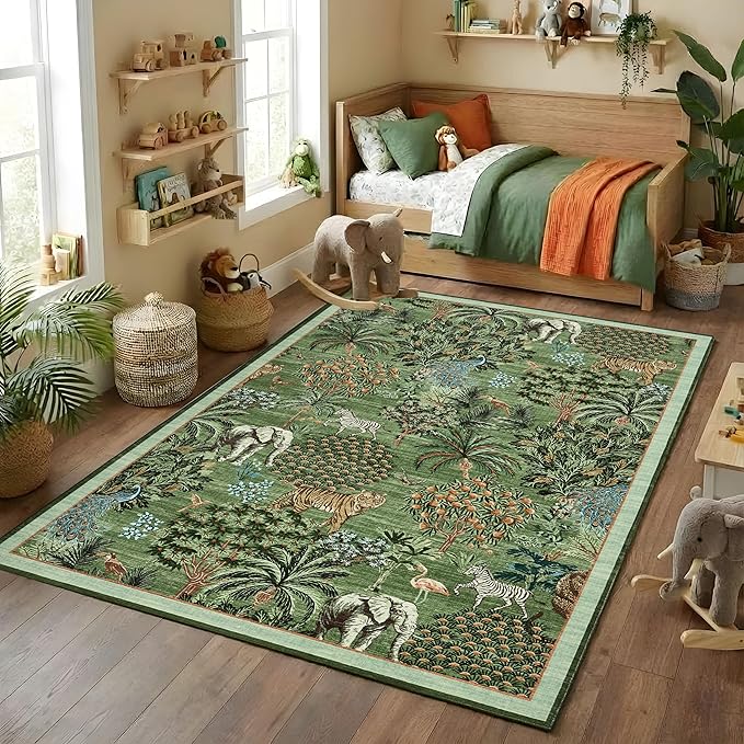 GarveeHome Jungle Animal Print Rug 4x6 Washable Area Rugs for Living Room, Forest Rug Non Slip Soft Low Pile Stain Resistance Throw Carpet for Bedroom Kids Playroom Nursery, Forest Green