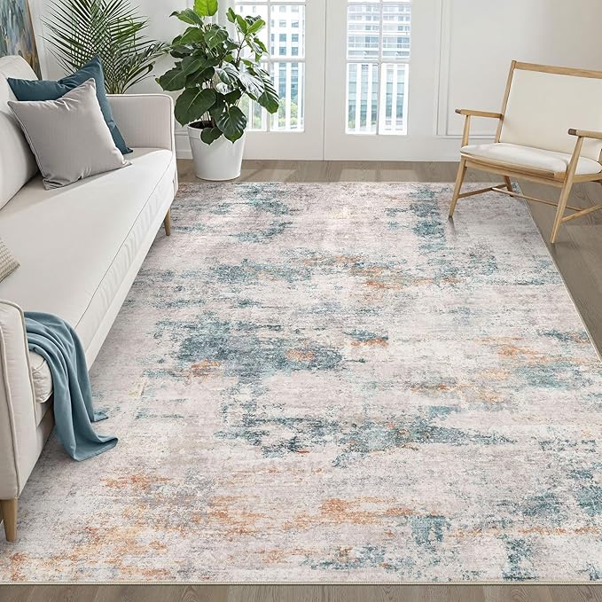 6x9 Area Rugs Living Room: Washable Large Neutral Aqua Brown Rug Abstract Soft Modern Stain Resistant Indoor Floor Non-Slip Carpet for Bedroom Nursery Kids Office Playroom Dining Room Under Table