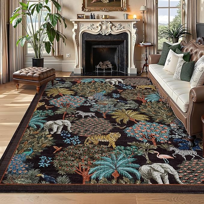 GarveeHome Jungle Washable Rug 9x12 Area Rugs for Living Room Bedroom, Animal Print Rug Non Slip Low Pile Forest Stain Resistance Large Throw Carpet for Dining Room Kids Playroom Nursery, Black