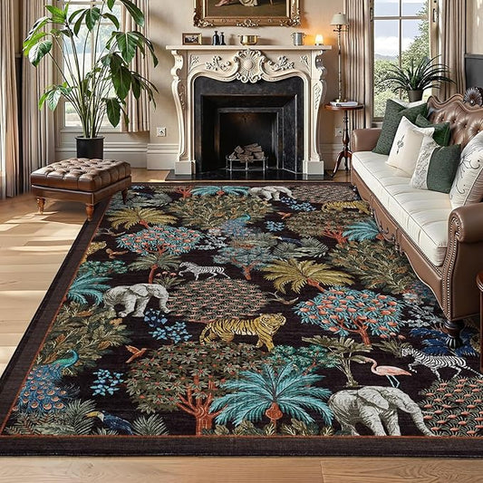 GarveeHome Jungle Washable Rug 9x12 Area Rugs for Living Room Bedroom, Animal Print Rug Non Slip Low Pile Forest Stain Resistance Large Throw Carpet for Dining Room Kids Playroom Nursery, Black