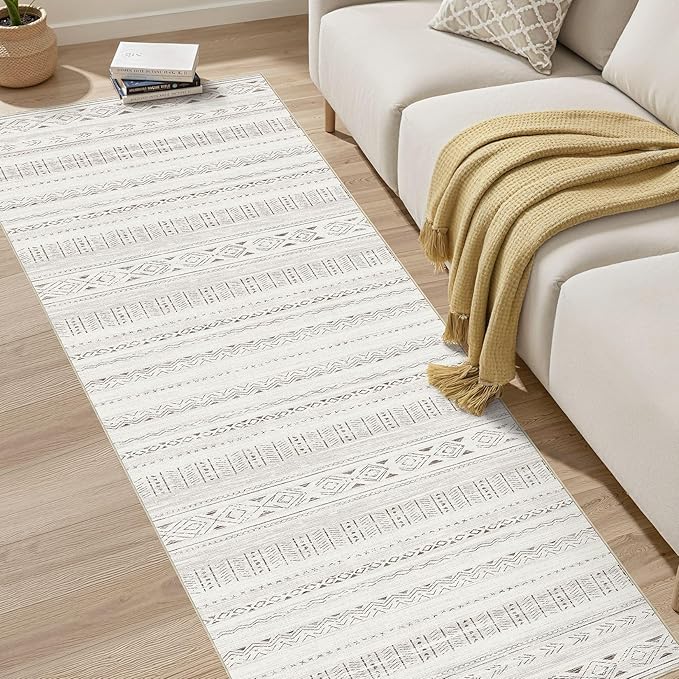 cotiled Hallway 2.6x10 Runner Rugs: Washable Boho Rugs with Non Slip Backing Large Soft Indoor Stain Resistant Carpet for Living Room Bedroom Farmhouse Dining Room Lightweight Home Decor L Brown/Cream
