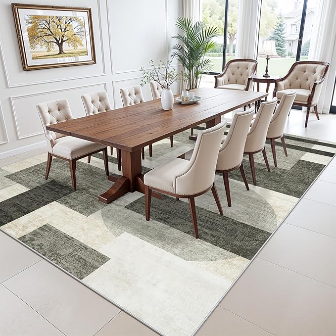 Modern Rug for Living Room 8x10: Geometric Soft Low Pile Carpet for Bedroom Washable Dining Room Rugs for Under Table Non-Slip Stain Resistance Area Rug for Pet Owner (Beige/Olive Green/Gray, 8x10)