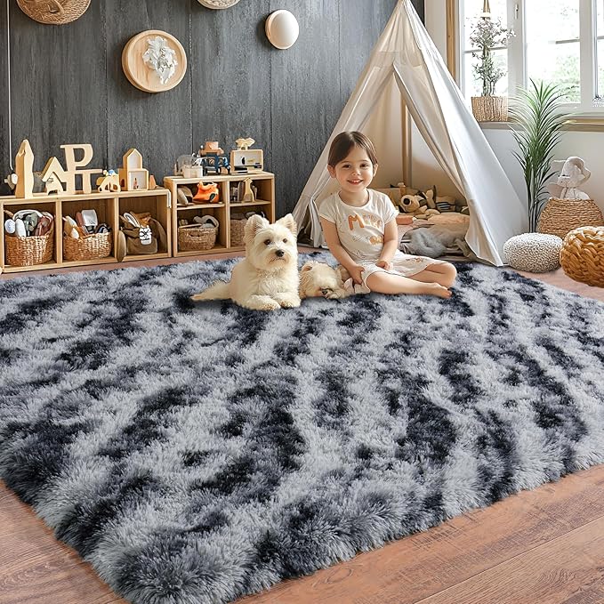 8x10 Area Rugs for Living Room, Ultra Soft Fluffy Large Shaggy Rug Carpet for Bedroom, Non-Slip Fuzzy Plush Rugs for Nursery Boys Girls Kids Room Modern Indoor Home Decor, Tie Dyed Stripes
