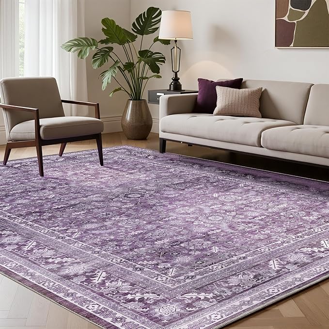 OPPODREAM Vintage Purple Area Rugs 10x14, 10 x 14 Retro Washable Rug Non Slip, Low-Pile Faux Wool Carpet, Distressed Floor Mat for Living Room, Bedroom, Office, Dorm, Dinning Room, Big & Large