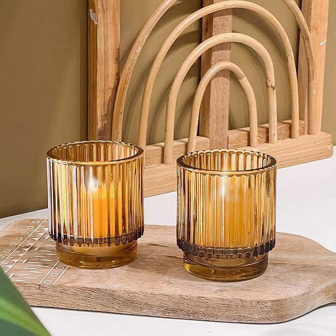 Kate Aspen Vintage Glass Tealight & Amber Votive Candle Holders (Set of 6) Rustic Fluted Candle Holder Set, Boho Home Decor, Wedding Table Centerpieces, Farmhouse Kitchen Table Decor