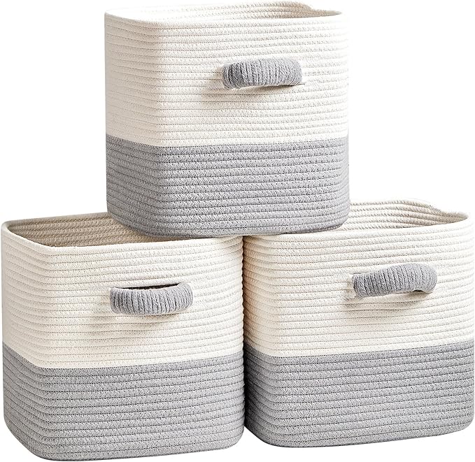 R RUNKA Storage Cube Baskets for Organizing- 3 Pack- 11 inch Square Baskets for Cube Storage, Closet Storage Bins- Woven Cube Storage Bins for Shelves- Ideal for Toy Storage |White & Grey