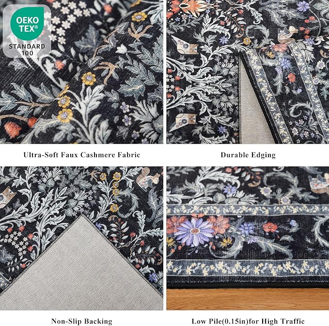 3x6 Washable Non-Slip Kitchen Runner Rug – Vintage Botanical with Animals Wide Floor Carpet Runner with Rubber Backing for Entryway, Hallway, Bathroom, Living Room, Low Pile Thin (Vibrant Black)
