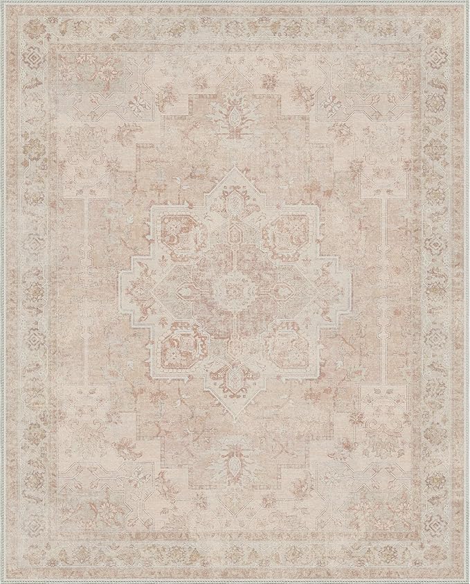 GENIMO 5x7 Area Rugs for Living Room, Machine Washable Rug, Non Slip Indoor Vintage Rug, Low Pile Lightweight Chenille Print Carpet for Bedroom Dining Room Home Office, Light Pink
