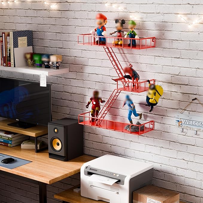 Fire Escape Shelf - 3 Tier Metal Large Red Fire Escape Wall Shelf, New York Action Figurine Display Shelf, Decorative Wall Shelf, Unique Rustic Floating Shelves for Bedroom, Bathroom (17 inch)