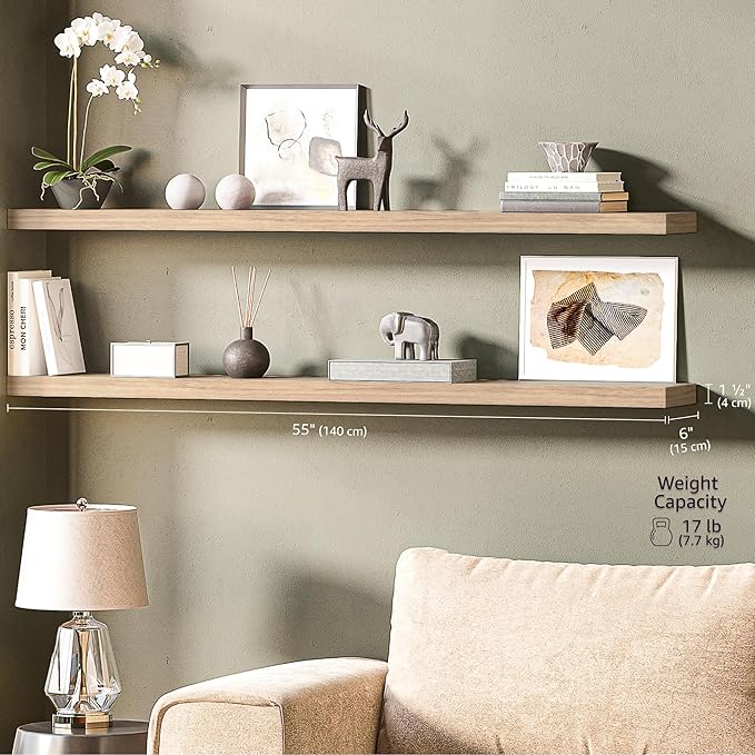 Ballucci Floating Shelves, 55" Wood Wall Shelf Set of 2, with Invisible Brackets for Bathroom, Living Room, Bedroom, Kitchen, Nursery, 6" Deep, Oak