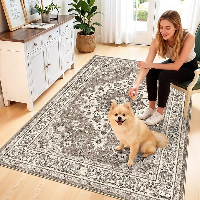 4x6 Area Rugs for Living Room: Perfect for Bedroom Kitchen Kids Room Nursery - Stain & Water Resistant Non-Slip Pet & Child Friendly Vintage Carpet (Beige, 4x6)