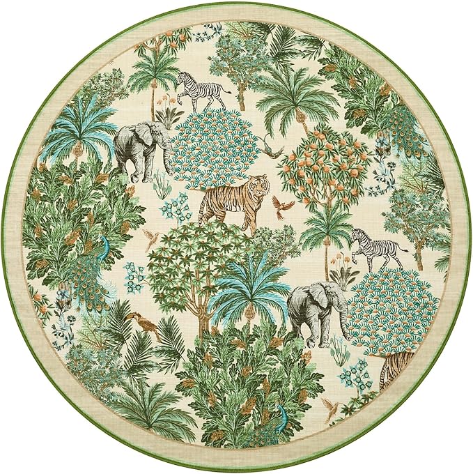GarveeHome Jungle Round Washable Rugs 6ft Non-Slip Soft Round Rug for Kids Room, Forest Animal Print Tiger Circle Carpet for Bedroom Entryway Playroom Nursery, Beige
