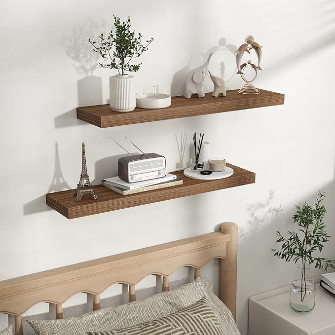 Fun Memories Rustic Wood Floating Shelves for Wall, Space-Saving Wall Mounted Shelves for Bathroom, Bedroom, Living Room and Kitchen, Stylish Storage & Display (Set of 2, Walnut, 32 in)