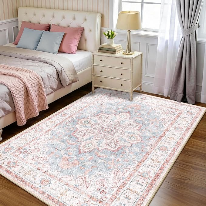 CAPALOCA Machine Washable Rugs Nursery Rug 5x8 Cute Girl Non Slip Low Pile Water Repellent Soft Print Pattern for Bedroom Indoor Decor Kids Playroom Pink Blue