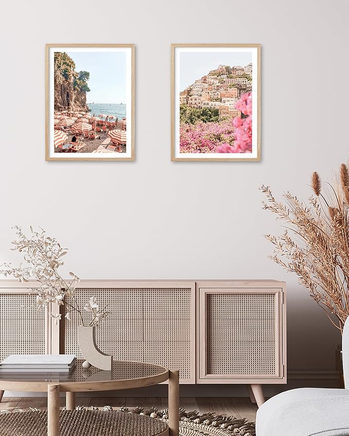 HesenDot Natural OAK Wood Framed Summer in Positano Wall Art,12x16in Italy Amalfi Coastal Canvas Wall Print,Arienzo Beach Umbrellas Poster Wall Decor for Living Room,Bedroom,Office Gallery Set of 1