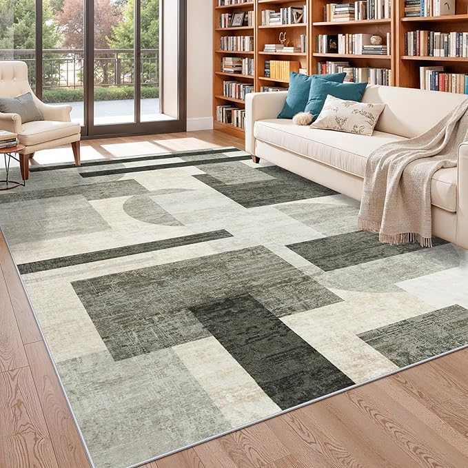 Modern Rug for Living Room 8x10: Geometric Soft Low Pile Carpet for Bedroom Washable Dining Room Rugs for Under Table Non-Slip Stain Resistance Area Rug for Pet Owner (Beige/Olive Green/Gray, 8x10)