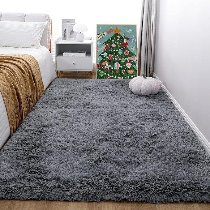 KICHOWUA 5x8 Grey Fluffy Fuzzy Area Rug for Bedroom, Soft Plush Washable Shag Carpet for Living Room,Gray Comfy Floor Non Slip Furry Shaggy Rugs for Kids Baby Boys Girls Nursery Teens College Dorm