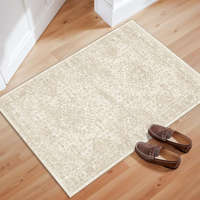 2x3 Washable Non-Slip Area Rug - Soft Low Pile Throw Rug for Kitchen Entryway Bedroom - Vintage Distressed Indoor Door Mat with Rubber Backing (Ivory Beige)