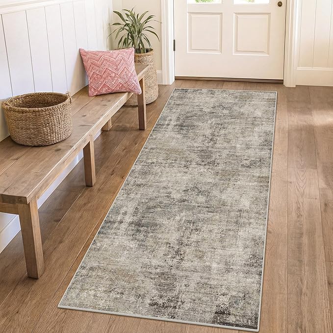 Modern Runner Rugs for Hallway 2x6, Medallion Abstract Runners for Kitchen Floor, Entryway, Washable Non Slip with Rubber Backing, Low Pile Stain Resistant Carpet (Taupe Brown)