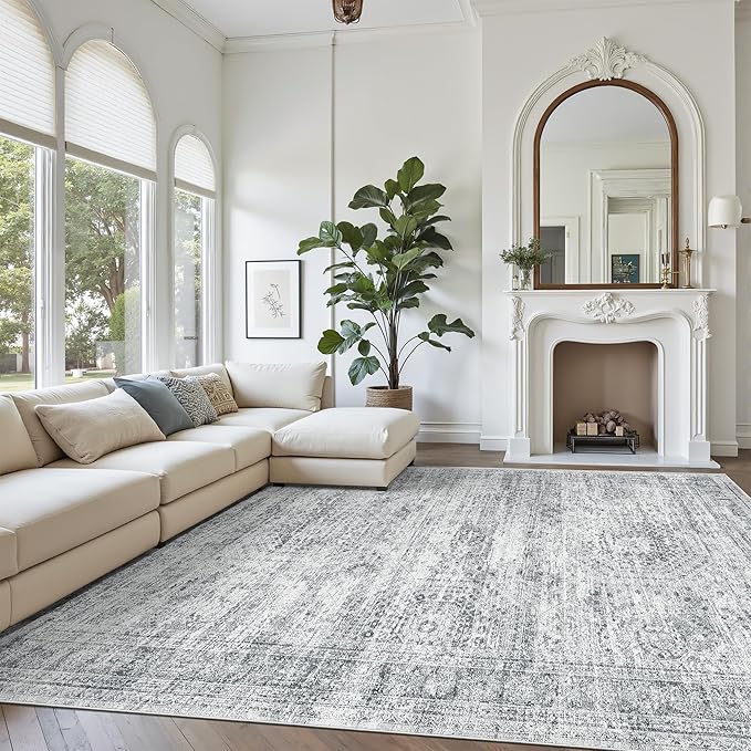 Soalmost Washable Area Rug 8x12, Large Soft Rugs for Living Room Vintage Grey Carpet 8x12 Area Rugs for Bedroom Dining Room Non-Slip Stain Resistant Under Table Rug