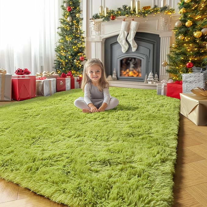 Amdrebio Grass Green Area Rugs 8x10 for Living Room Bedroom, Large Shag Fluffy Plush Rugs for Kids Room Baby Nursery Decor, Moss Fuzzy Fur Modern Floor Rug for Teen Boys, Shaggy Fuzzy Cool Big Carpet