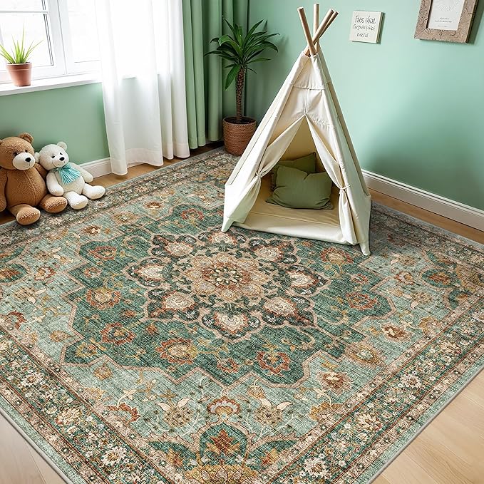 TOPRUUG Washable 6x6 Rug Square - Ultra Soft Living Room Area Rug Under Sofa Non-Slip Rugs for Bedroom Dining Room - Stain Resistant Farmhouse Decor for Family with Pets & Kids (Green, 6x6)